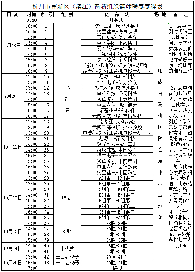 杭州市高新区（滨江）两新组织篮球联赛赛程表